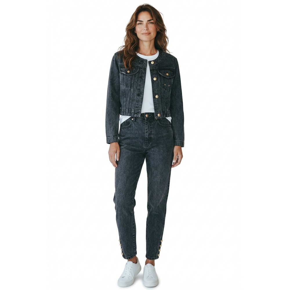 Vintage Jordache Gold Black Denim Set Cropped Jacket High‎ Waist Jeans 2pc S 5/6
